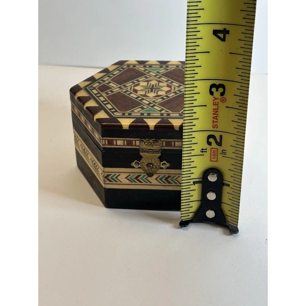 Vintage Mirrored Trinket Hexagonal Inlaid Design Wood Box Made in Granada Spain